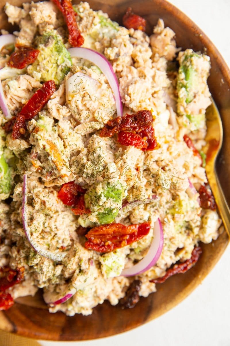 Mediterranean Salmon Salad in a wooden bowl