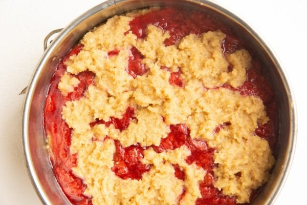 strawberry crumb cake ready to go into the oven