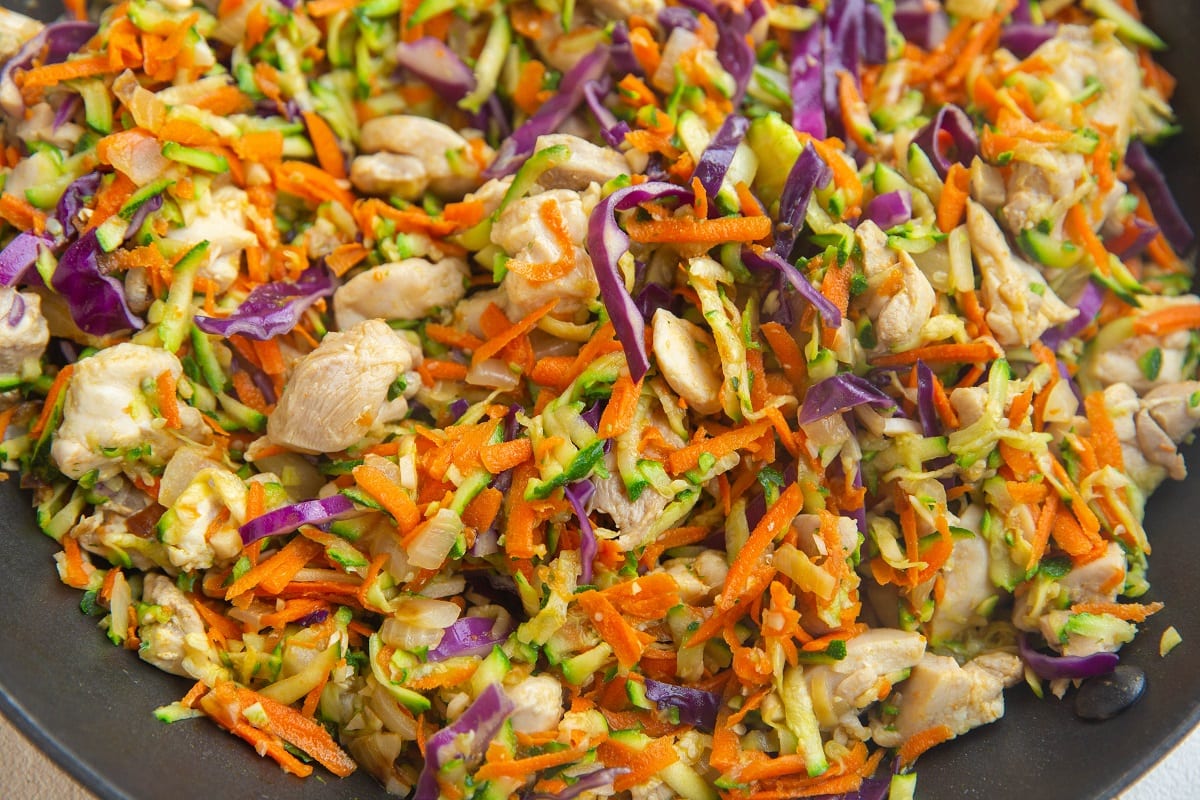 Skillet with chopped chicken and vegetables.