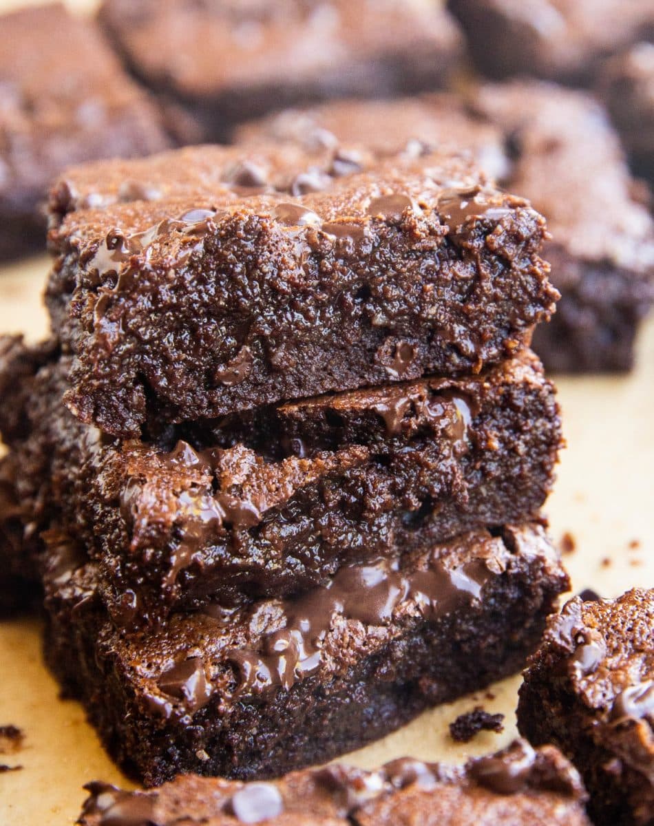 close up image of a stack of almond flour brownies