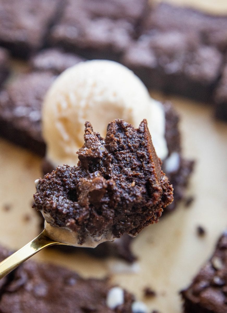 bite of brownies on a spoon