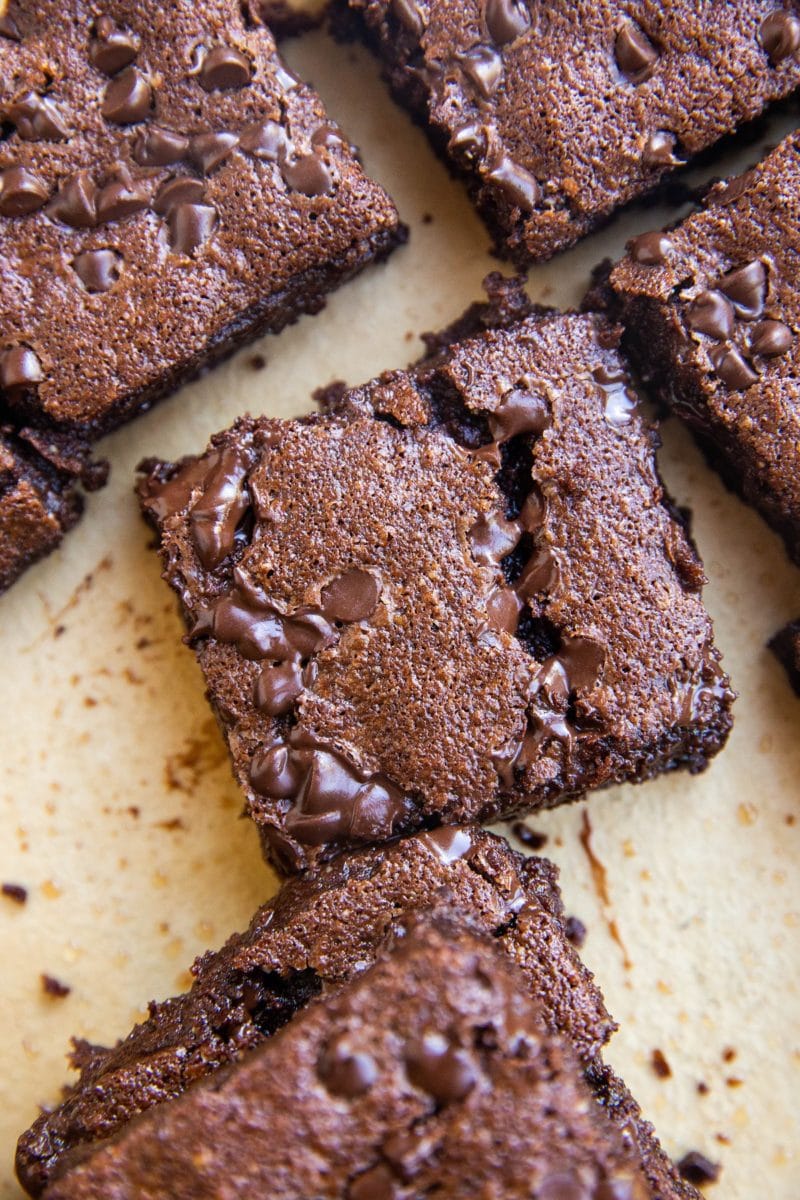 top down photo of slices of gluten-free fudge brownies