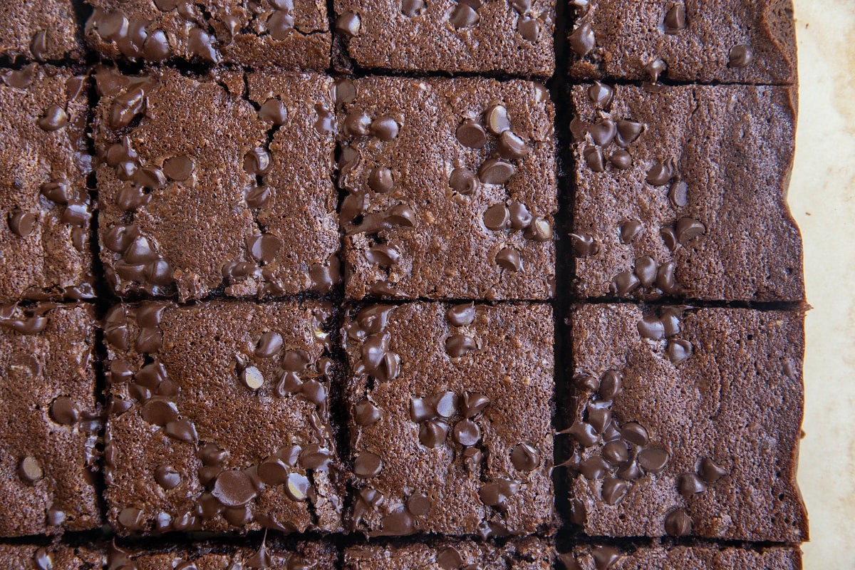 Cut brownies on a sheet of parchment paper