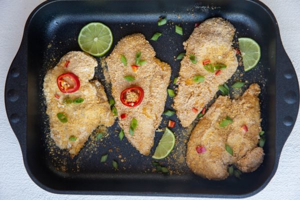 chicken katsu in a casserole dish fresh out of the oven