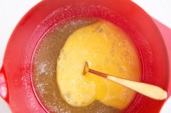 wet ingredients for brownies in a bowl