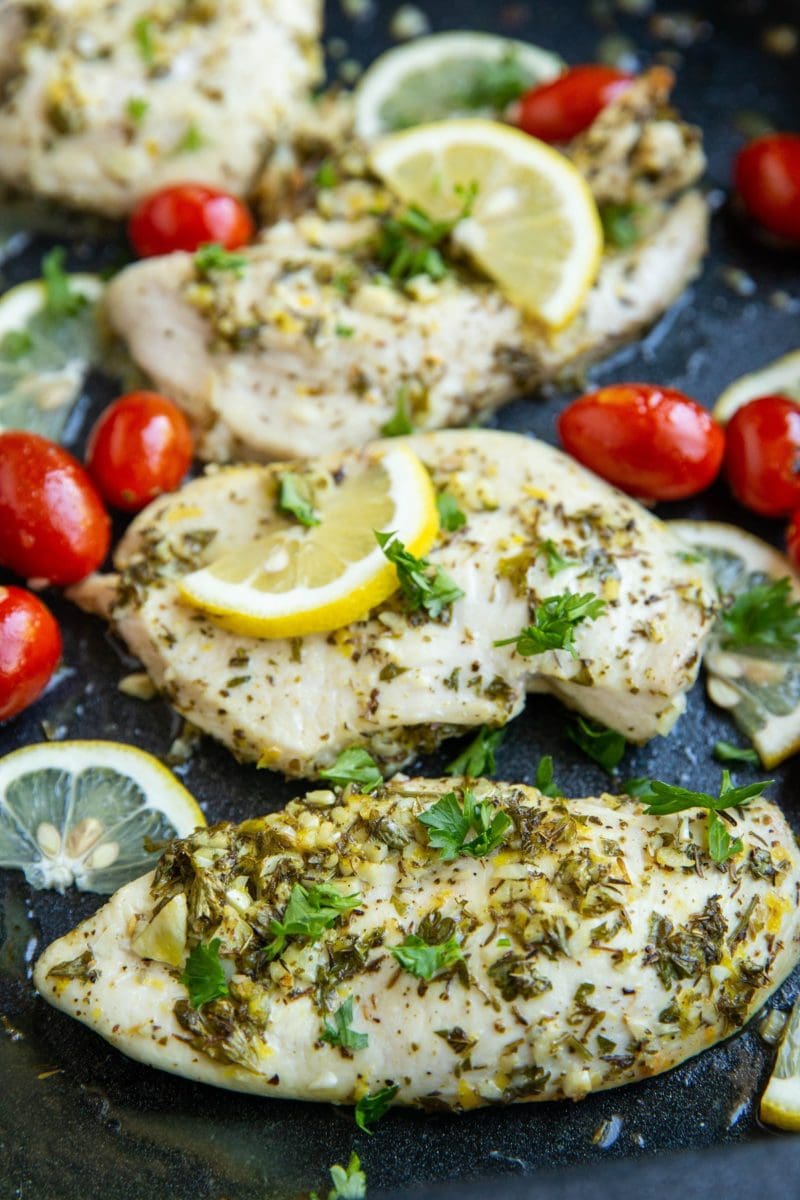 casserole dish with Greek chicken inside