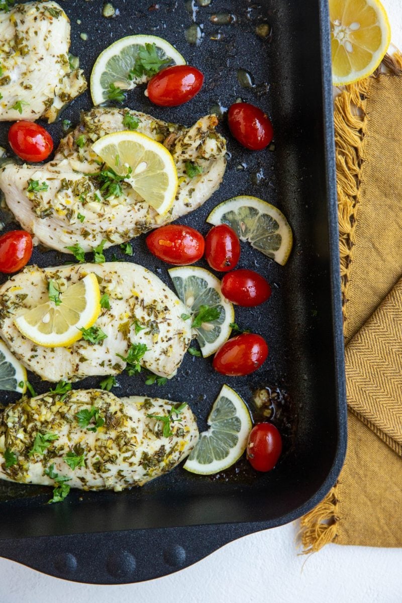 roasting pan with Greek chicken fresh out of the oven