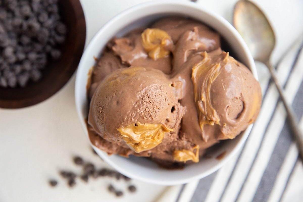 horizontal photo of bowl of chocolate ice cream.