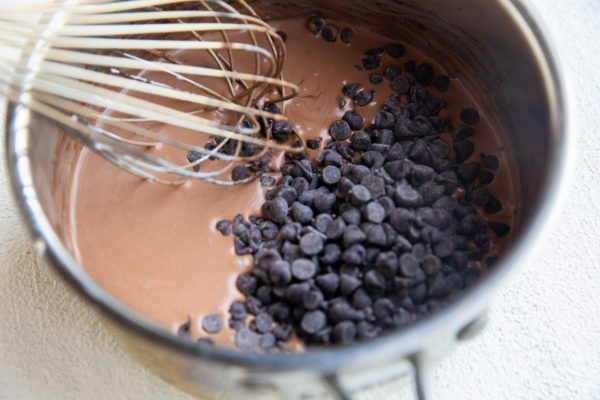 Chocolate and cream in a saucepan with chocolate chips