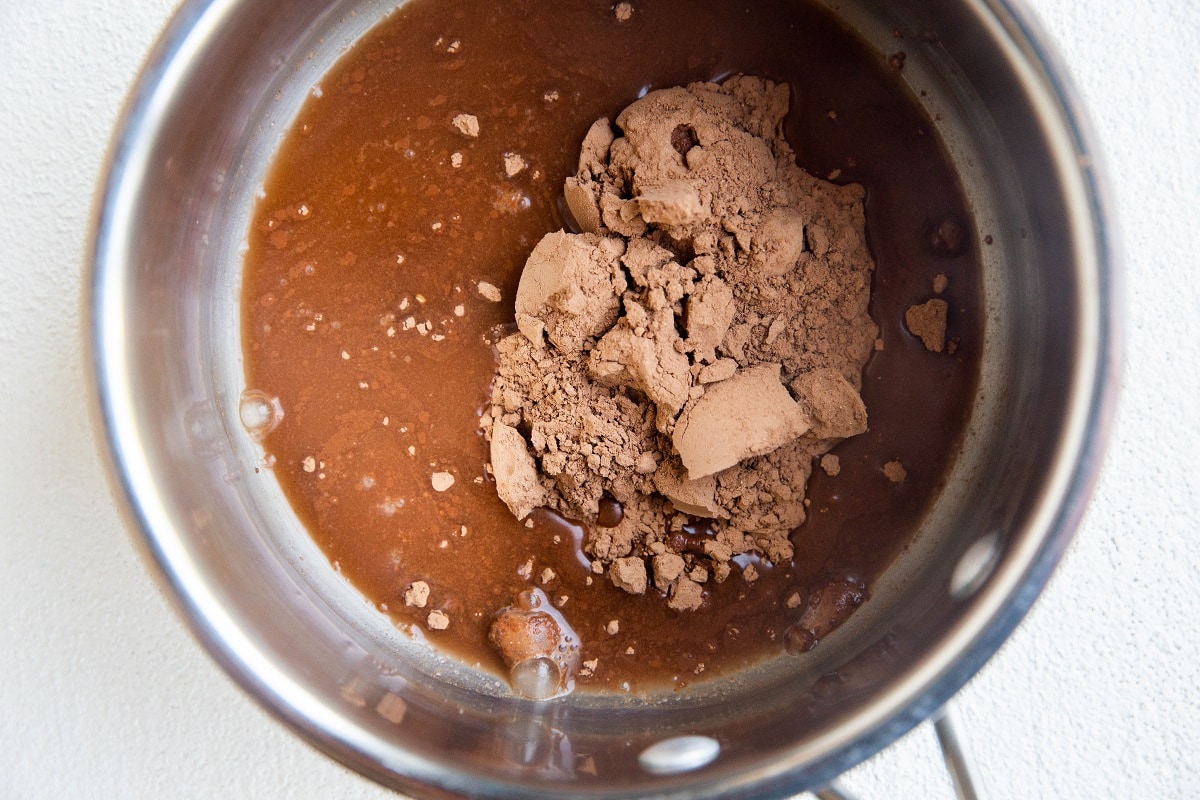 Water and cacao powder in a pot