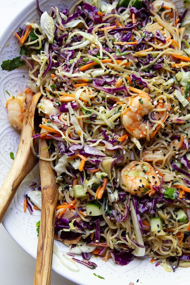 Bowl of shrimp ramen noodle bowls with veggies and noodles