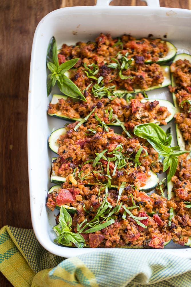 Casserole dish with stuffed zucchini