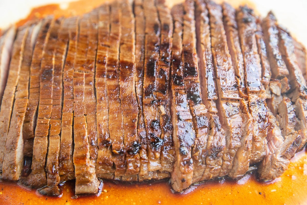 Slices of flank steak on a cutting board