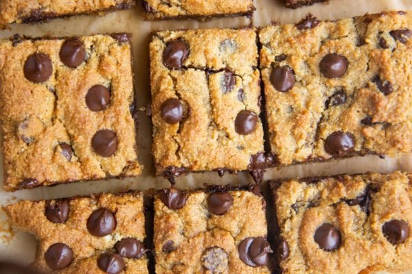 Horizontal photo of sliced paleo pumpkin blondies