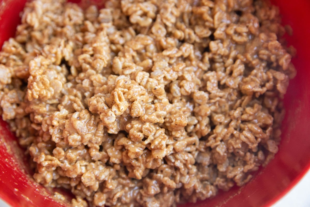 Rice crispy treats mixture in a bowl.