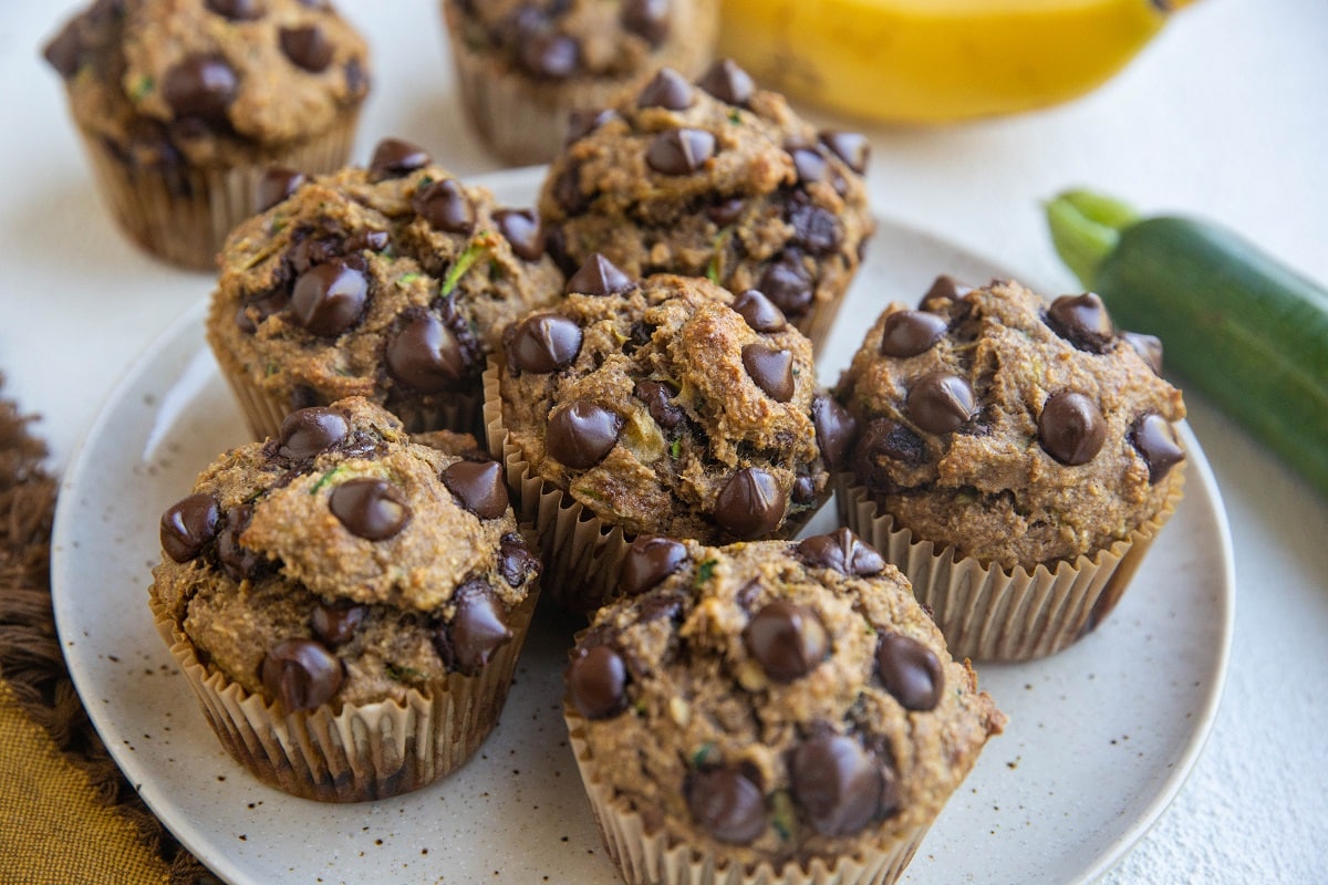 Horizontal image of a plate of zucchini chocolate chip muffins.