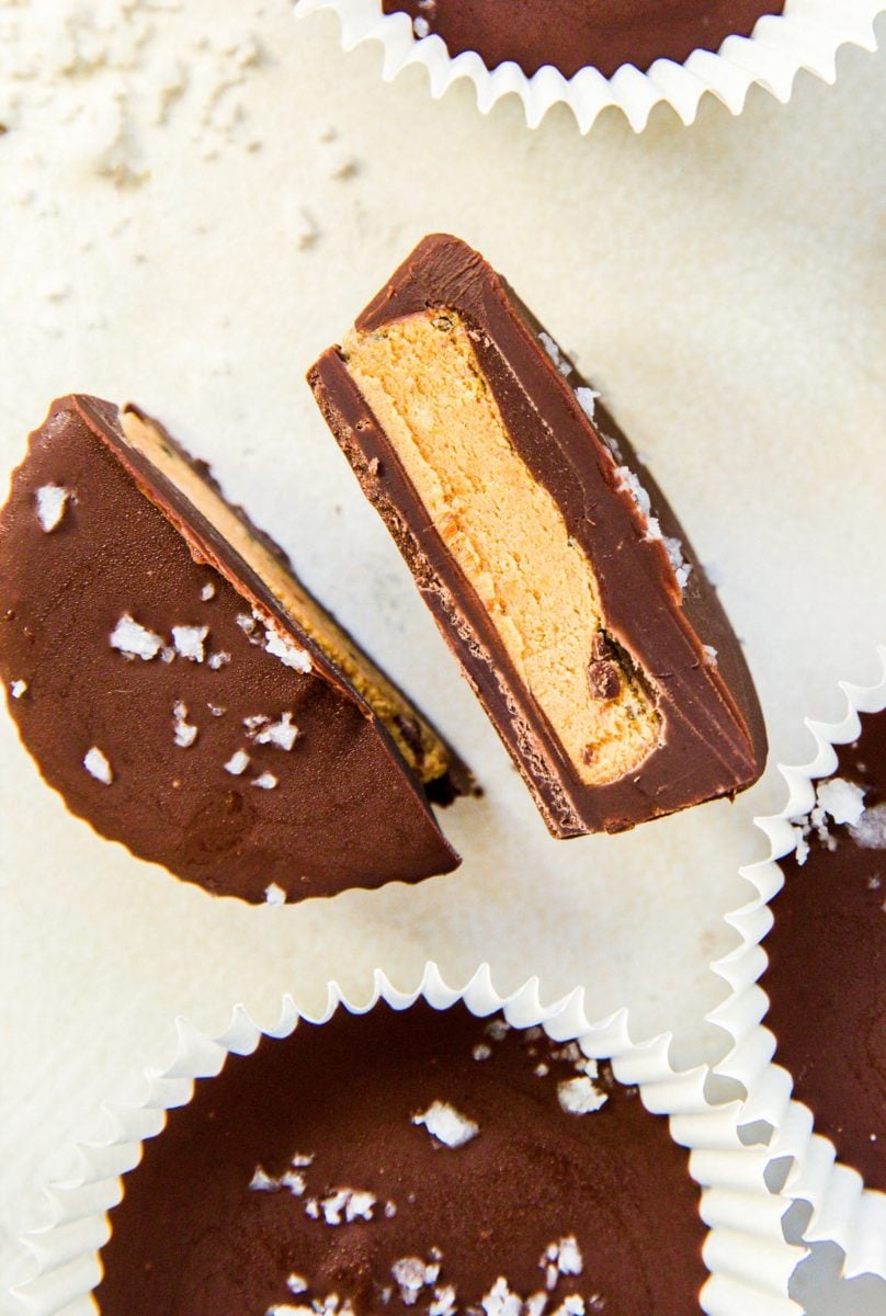 Close up sliced open peanut butter cup.