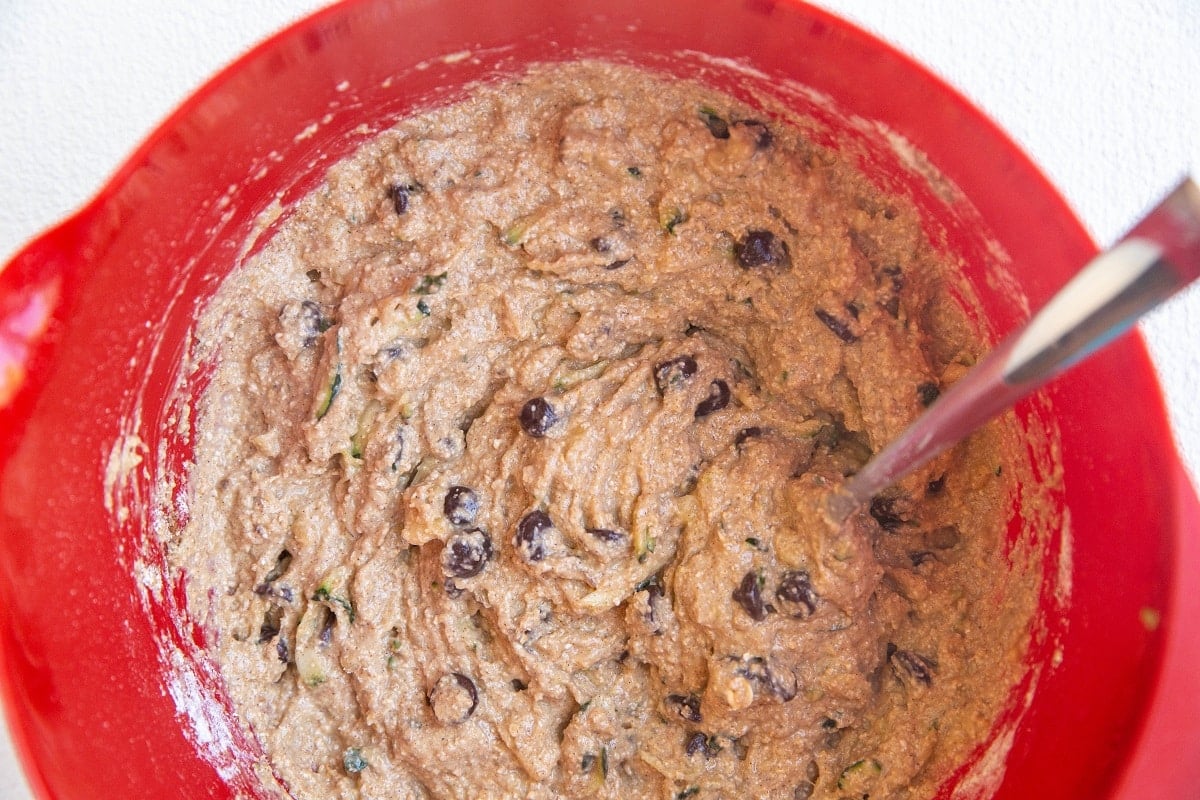 Muffin batter with chocolate chips mixed in.