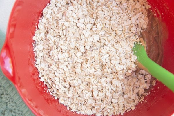 Oats on top of wet ingredients in a bowl.