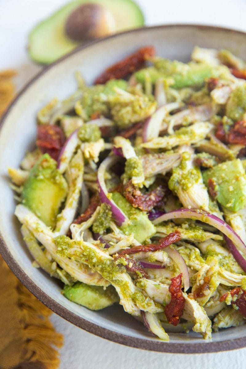 Close up photo of pesto chicken salad