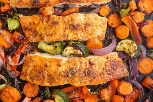 Finished sheet pan salmon and vegetables