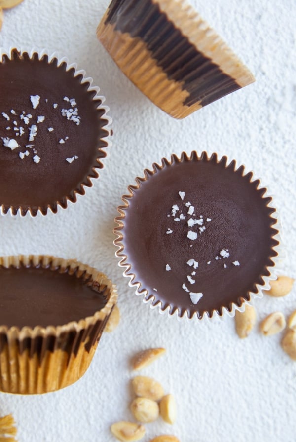 close up top down image of homemade low-carb protein peanut butter cups.
