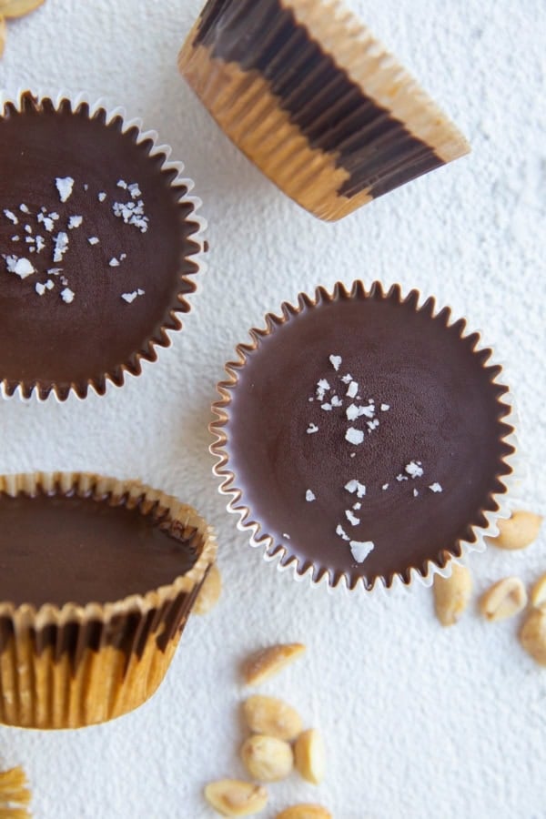 close up top down image of homemade low-carb protein peanut butter cups.
