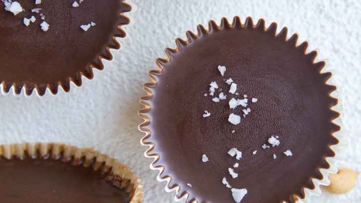 close up top down image of homemade low-carb protein peanut butter cups.
