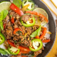 Healthy 30-Minute Thai Basil Beef (Pad Gra Prow) is savory, sweet, with just the right amount of kick. Easy to prepare any night of the week for a healthy easy dinner recipe! Gluten-free, soy-free, refined sugar-free, whole30 and paleo.