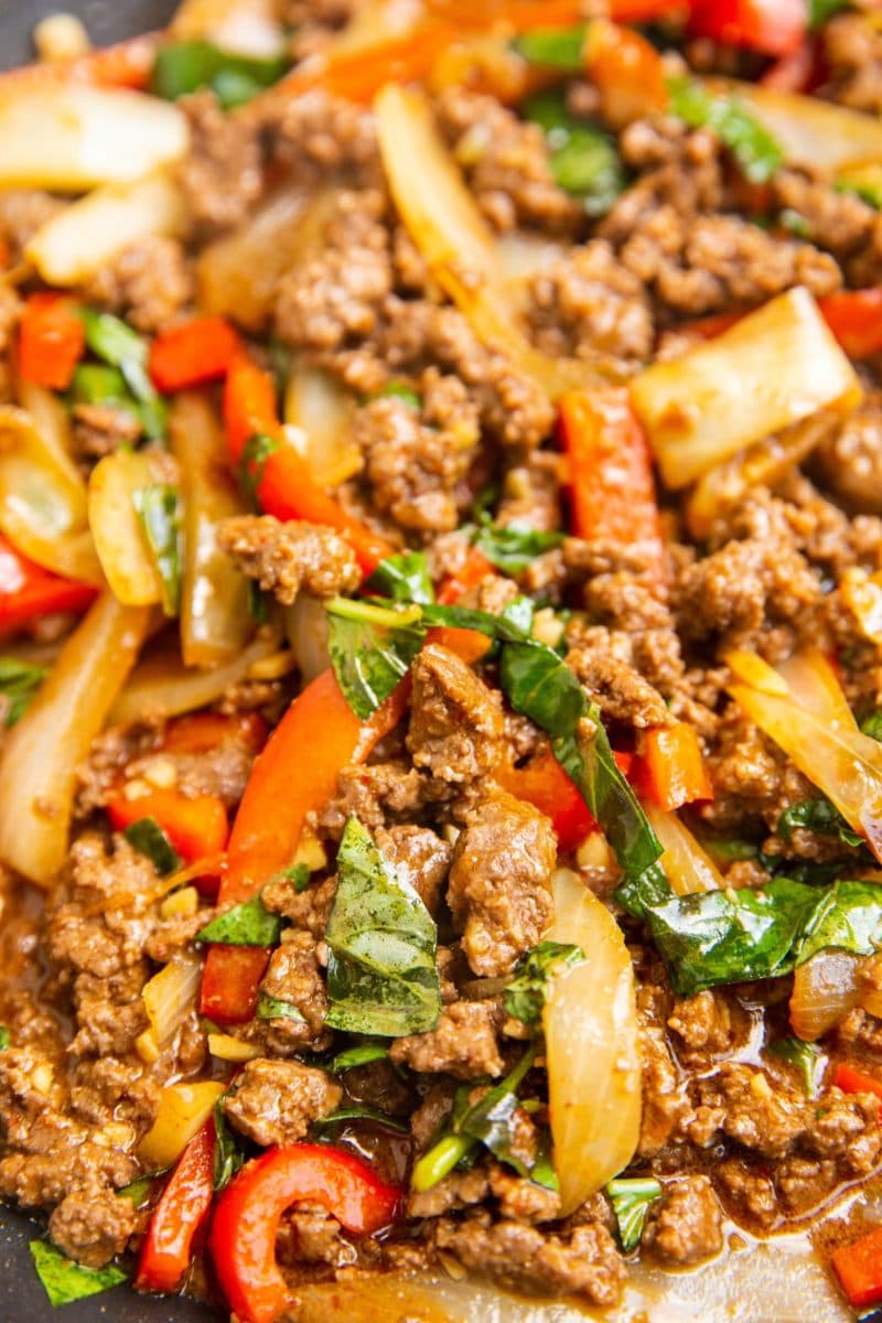 Close up on a skillet of finished Thai Basil Beef