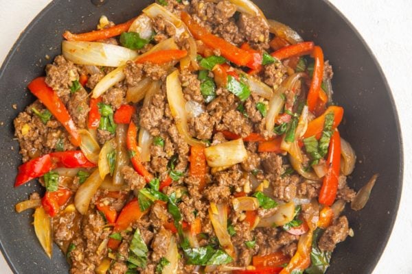 Finished Thai basil beef in a skillet