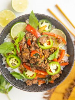 Healthy 30-Minute Thai Basil Beef (Pad Gra Prow) is savory, sweet, with just the right amount of kick. Easy to prepare any night of the week for a healthy dinner! Gluten-free, soy-free, refined sugar-free and paleo.