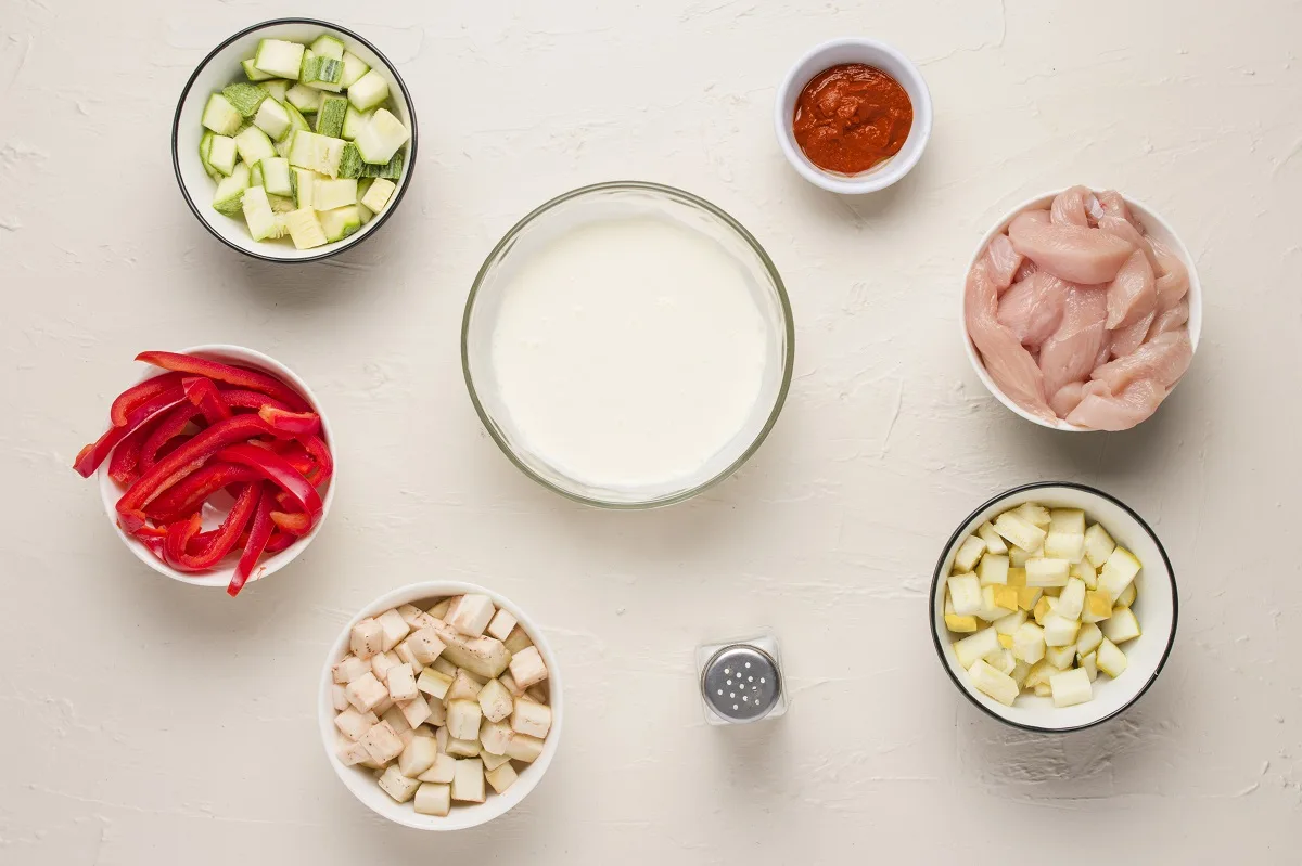 Ingredients for Red Thai Curry on a white background
