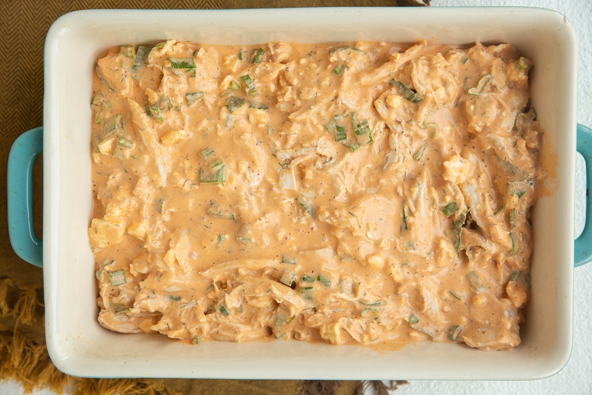 Casserole dish with buffalo chicken dip.