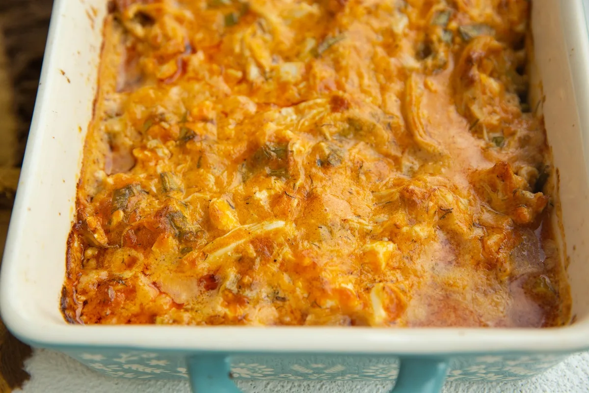 Buffalo chicken dip fresh out of the oven.