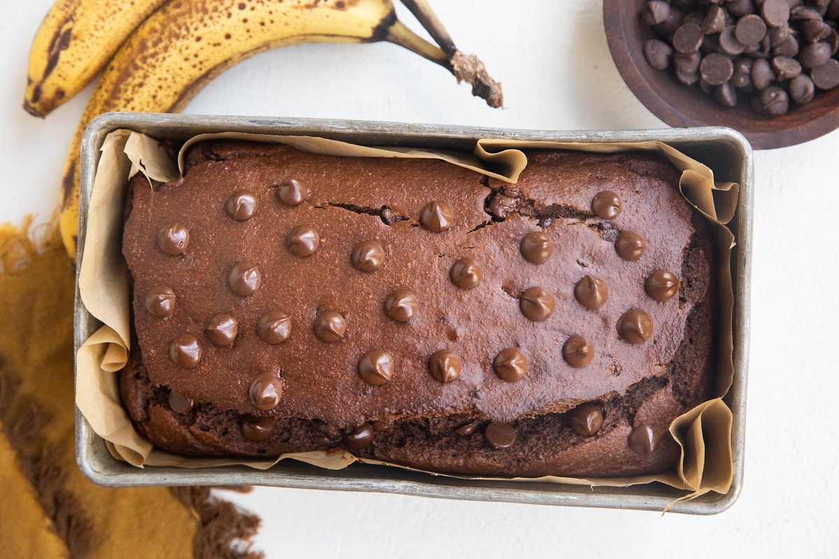 Loaf of chocolate banana bread in a loaf pan fresh out of the oven