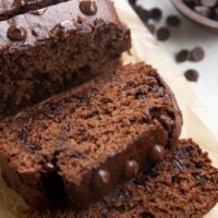 Close up image of sliced chocolate banana bread.