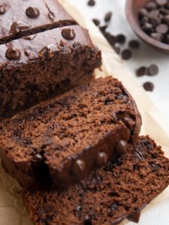 Close up image of sliced chocolate banana bread.