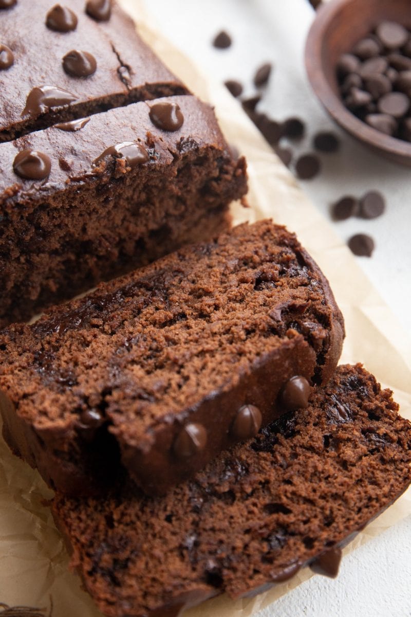 Close up image of sliced chocolate banana bread.