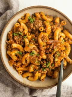 Bowl of homemade hamburger helper.