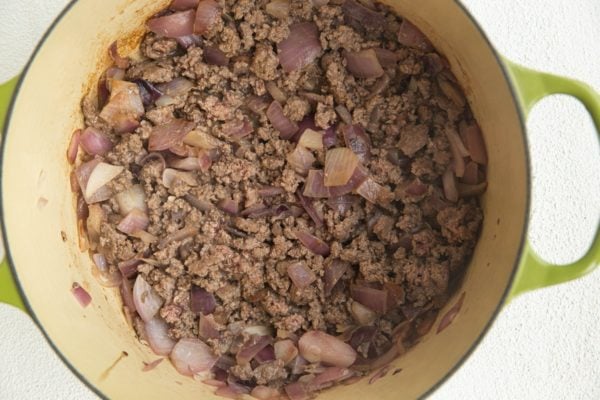 Ground beef and onion cooking in a pot