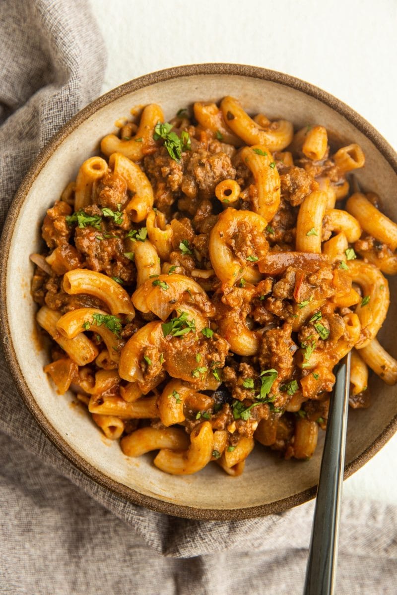 Bowl of homemade hamburger helper.