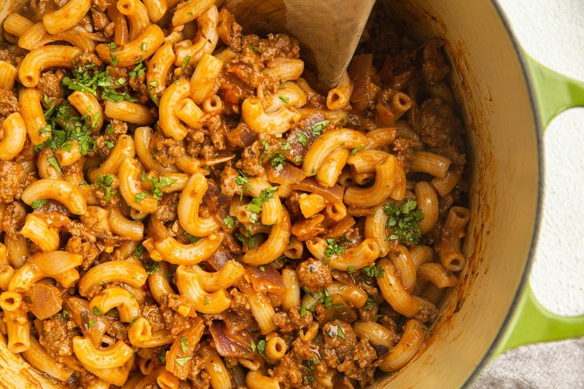 Finished hamburger helper in a pot