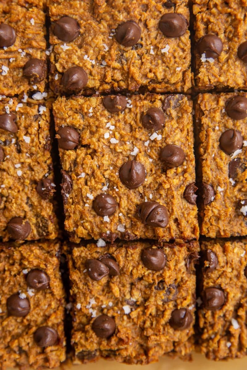 Top down photo of pumpkin oatmeal bars sliced.