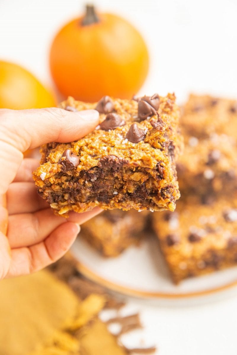 Hand holding a slice of pumpkin bar