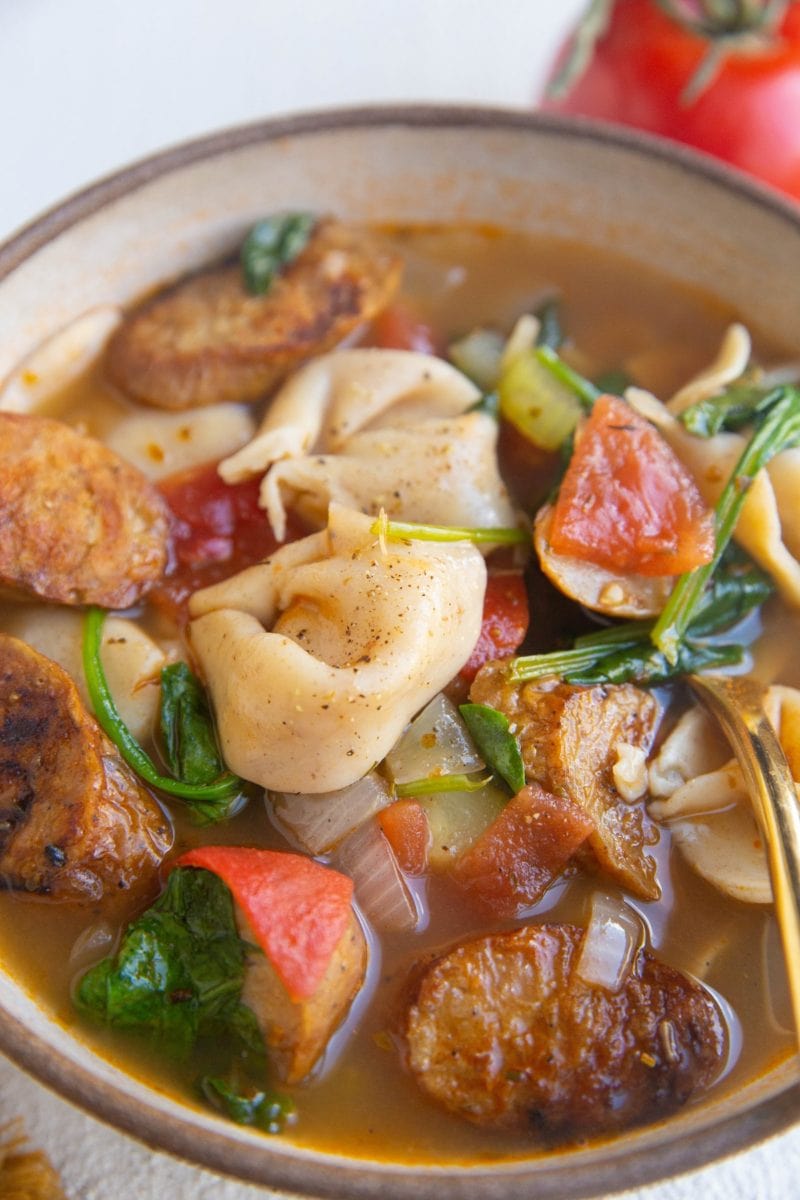 close up image of tortellini soup