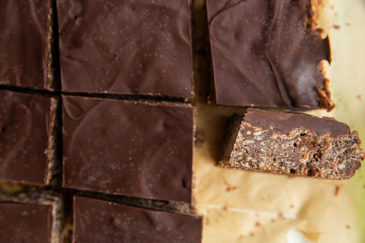 Cut cereal bars on a sheet of parchment paper