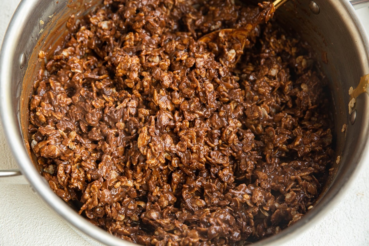 Rice cereal mixed in with peanut butter and chocolate.