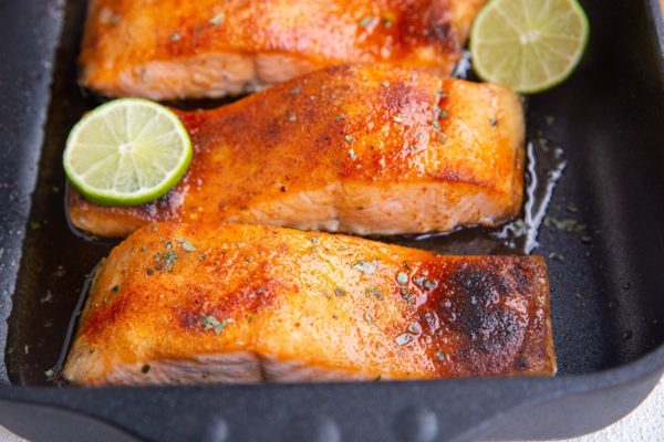 Finished Soy Honey Salmon in a casserole dish fresh out of the oven.