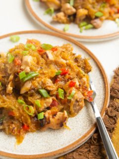 Two plates of spaghetti squash drunken noodles